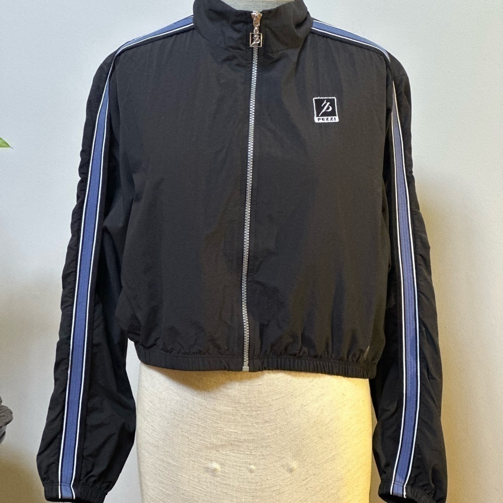 Vintage Pezzi Black Cropped Track Jacket Blue Stripe Windbreaker Women L